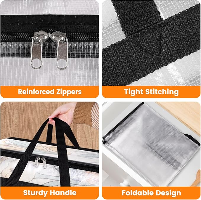 BlissTotes 6 Pack Clear Clothes Storage Bags, Moving Bags, Foldable Blanket Storage Under Bed Storage Containers with Sturdy Zipper and Handle for Clothing, Comforter, Bedding, Sheet (40L)