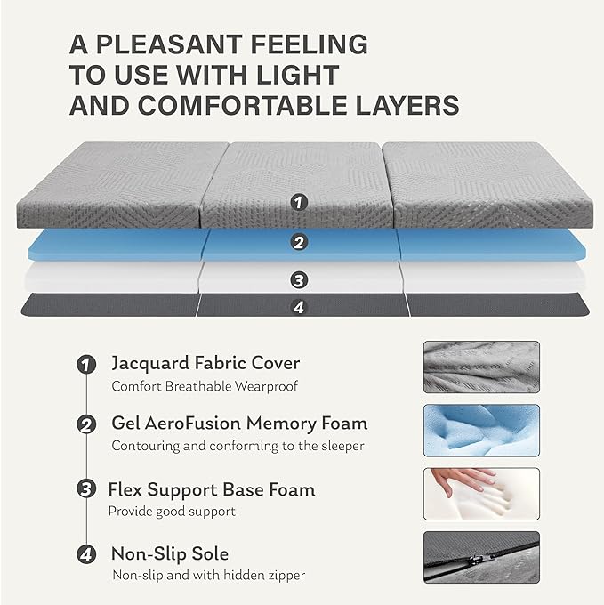 MLILY Tri-Fold Memory Foam Topper, 4 inch King Folding Mattress Topper with Collapsible and Washable Cover, Travel and Guest Mat, 80"×76"×4", Grey