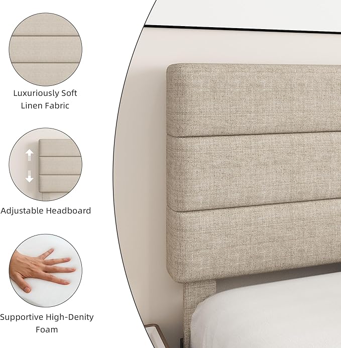 Queen Platform Bed Frame with Adjustable Linen Fabric Upholstered Headboard, Strong Slats Support, Noise-Free, No Box Spring Required, Easy Assembly for Bedroom Guest Room, Beige