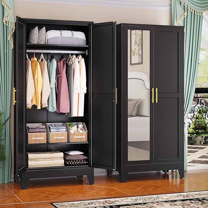 GAIOUS Metal Wardrobe Cabinet with Mirror and Hanging Rod, 71" Metal Clothing Storage Cabinets with 2 Doors and Adjustable Shelves, Black Armoire Wardrobe Closet for Bedroom, Laundry Room, Cloak Room
