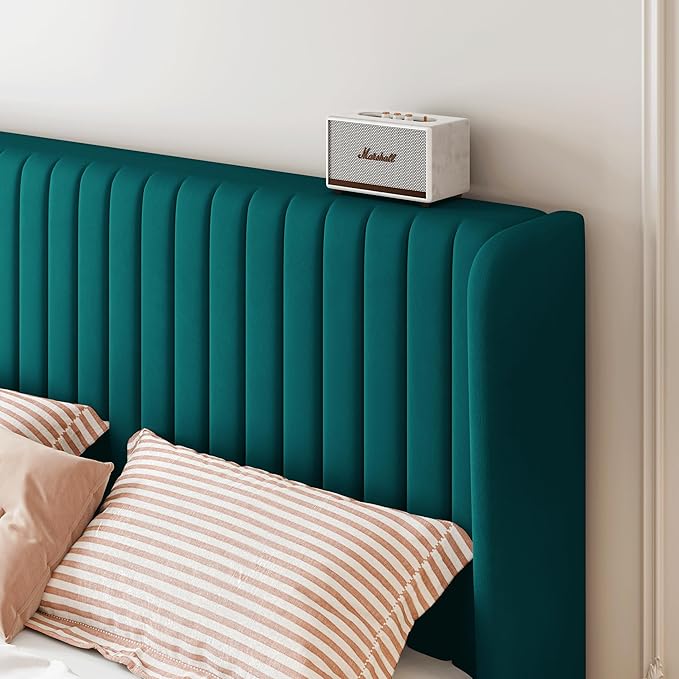 SHA CERLIN King Size Velvet Bed Frame with Vertical Channel Tufted Wingback Headboard, Upholstered Platform Bed with Wood Slats, No Box Spring Needed, Easy Assembly, Teal