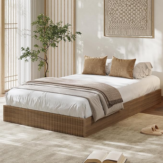 Garvee Twin XL Bed Frame, Wood Platform Bed with Fluted Design, Low Profile BedFrame, Minimalist Bed Base with Noise-Free, Easy Assembly, No Box Spring Needed, Walnut