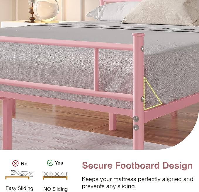 VECELO 14 Inch Queen Size Metal Platform Bed Frame with Headboard and Footboard, Heavy Duty Mattress Foundation with Steel Slats Support, No Box Spring Needed, Pink