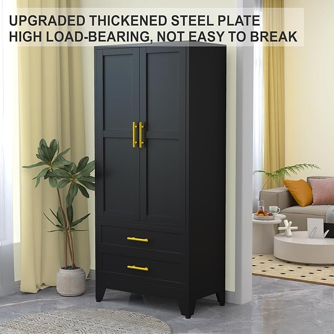 RIETERN Metal Armoire Wardrobe Closet, 71" Tall Bedroom Closet with 2 Drawers, Adjustable Shelves, and Hanging Rod, Steel Clothes Closets and Storage, for Bedroom Black