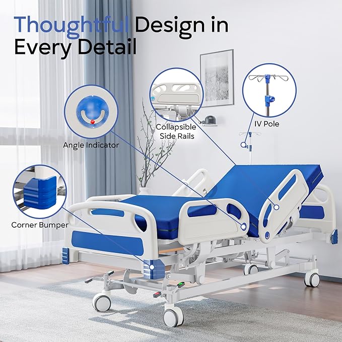 Premium Full Electric Hospital Bed for Home Use, 5 Function Medical Bed with 4.7” Foam Mattress, Height Adjustable, Central Locking System, Includes Sheets (2X) (5 Function)