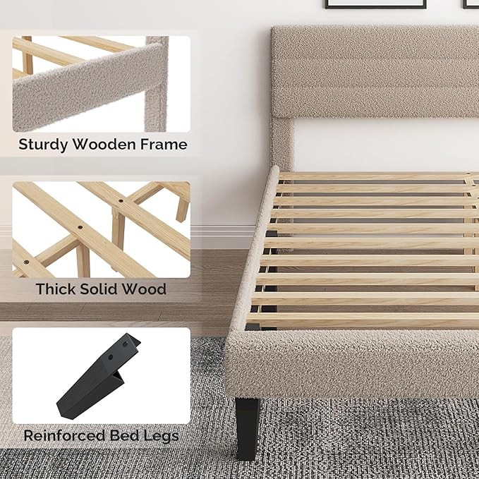 VINGLI Twin Bed Frame for Kids,Boucle Upholstered Platform Bed with Adjustable Headboard,Sturdy Wood Slats Support,Cloud Single Bed with Cream Design,Noise Free, Easy Assembly, Beige