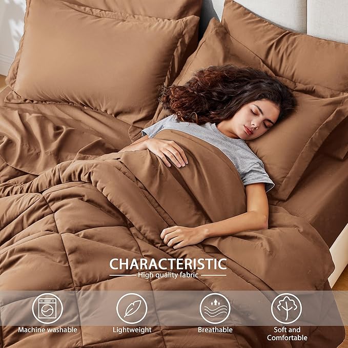 Love's cabin Twin Comforter Set Mocha Mousse, 5 Pieces Twin Bed in a Bag, All Season Bedding Sets with 1 Comforter, 1 Flat Sheet, 1 Fitted Sheet, 1 Pillowcase and 1 Pillow Sham | Soft, Breathable, Lightweight, Comfortable