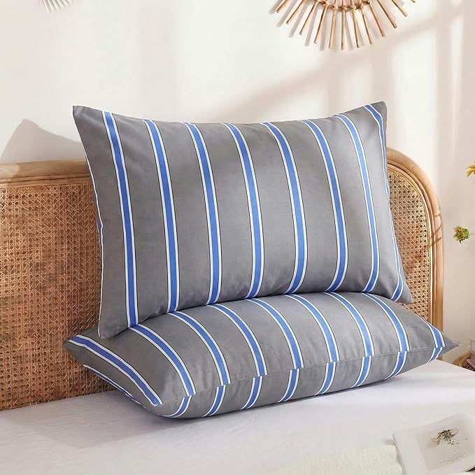 Merryword 100% Cotton Pillow Cases, King Size Pillowcases, Blue and Gray Striped Pillowcases, Soft Breathable Engineered Stripes Pillow Covers, Set of 2