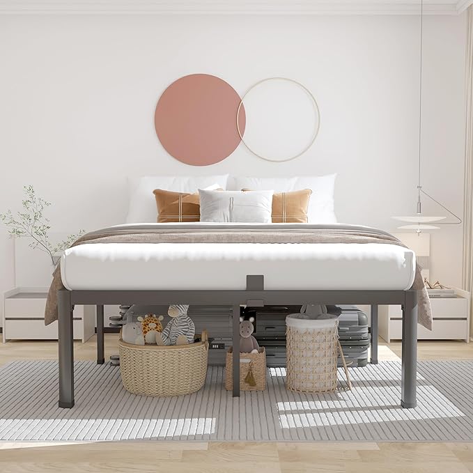 ROIL 16 Inch Full Bed Frame with Rounded Corner and Headboard Hole Mattress Retainers 3500LBS Metal Heavy Duty Steel Slats No Box Spring Needed Platform Noise-Free Easy Assembly