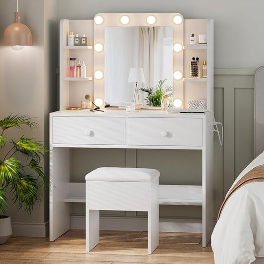 Haewon White Vanity Desk with Mirror and Lights, Makeup Vanity with 10 LED Bulbs and 3 Color Modes, Dressing Table Set with Power Outlets, Storage Drawers and Chair for Bedroom