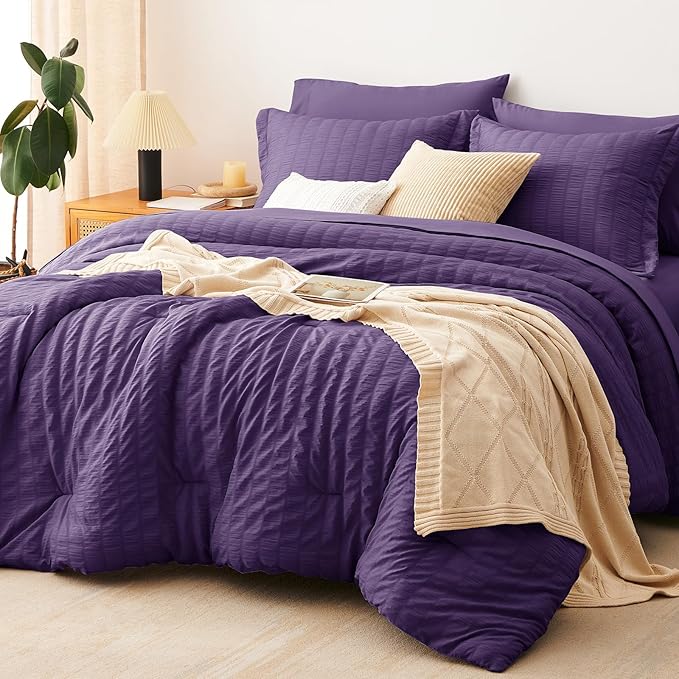 CozyLux King Size Comforter Set Purple Seersucker 7 Pieces Bed in a Bag King Comforter Set with Sheets, Luxury Soft Bedding Sets with Down Alternative Comforter, Sheets, Pillowcases & Shams All Season