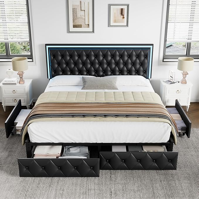 Keyluv Queen Upholstered LED Bed Frame with 4 Drawers, PU Leather Platform Storage Bed with Adjustable Button Tufted Headboard and Solid Wooden Slats Support, No Box Spring Needed, Black