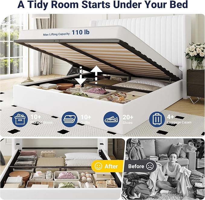 Allewie Queen Size Lift Up Storage Bed Frame, Hydraulic Support System, Upholstered Platform Bed Frame, Underneath Storage, Vertical Channel Tufted Headboard with Wingback, No Box Spring Needed, White