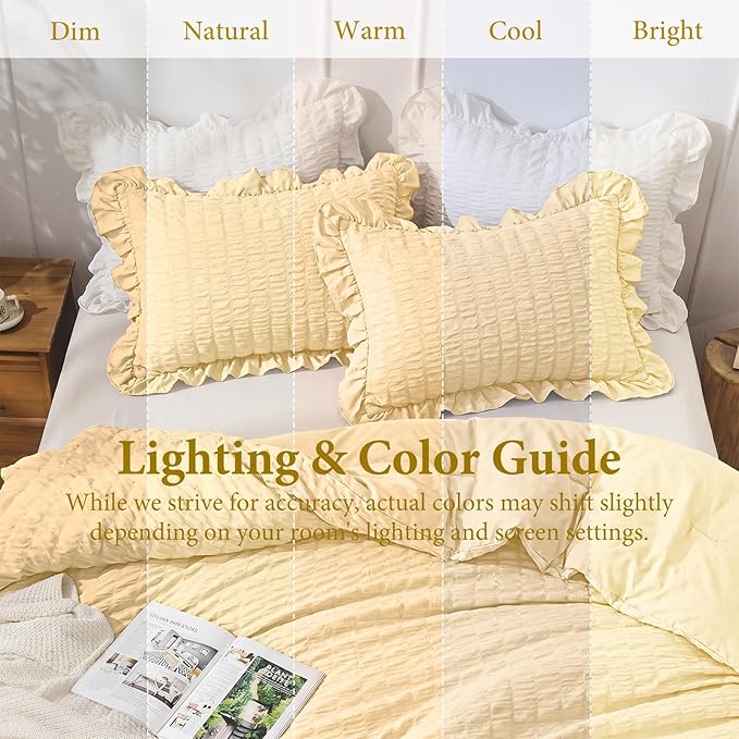 JOLLYVOGUE King Size Comforter Set, 3 Pieces Light Yellow Seersucker Comforters King Size, Lightweight & Fluffy Bedding Sets King for All Season with 1 Ruffle Comforter and 2 Ruffle Pillowshams