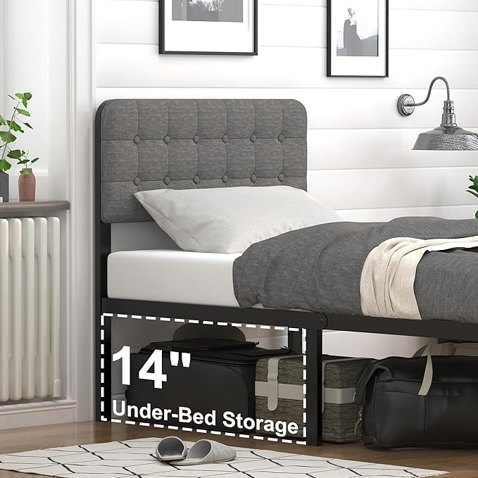 EMODA 16 Inch Twin XL Bed Frames with Upholstered Headboard and Metal Footboard, Heavy Duty XL Twin Metal Bed Frame, No Box Spring Needed, Easy Assembly