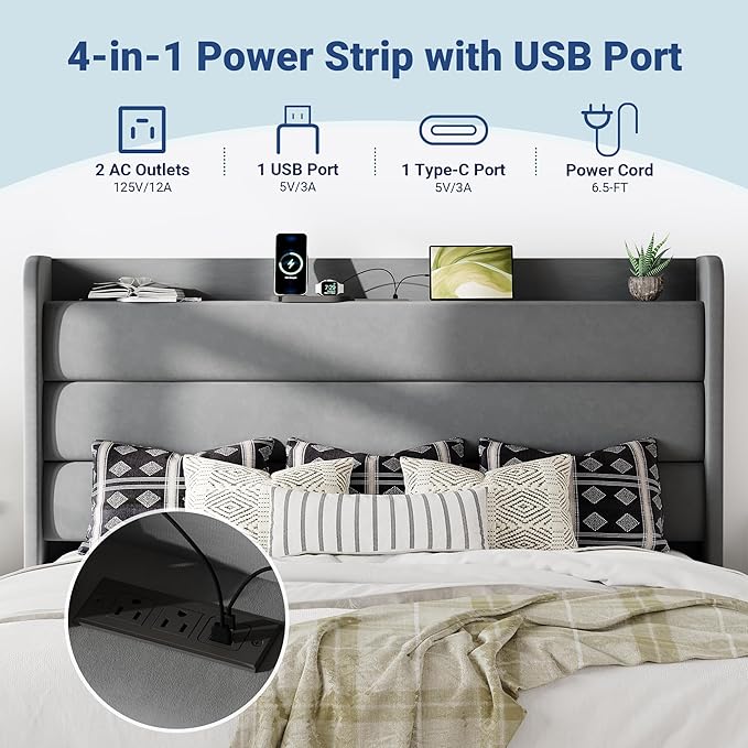 Allewie King Size Upholstered Bed Frame with Charging Station & Storage Headboard, Soft Velvet Wingback Platform Bed, Strong Wooden Slats Support, No Box Spring Needed, Easy Assembly, Light Grey
