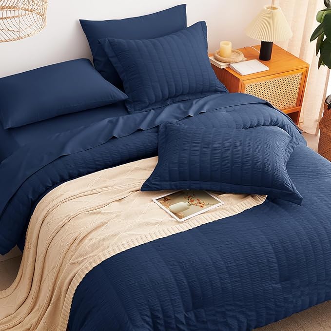 CozyLux Twin Comforter Set with Sheets 5 Pieces, Navy Blue Seersucker Textured Bed in a Bag, Luxury Soft Bedding Sets with Down Alternative Comforter, Sheets, Pillowcase & Sham for All Seasons