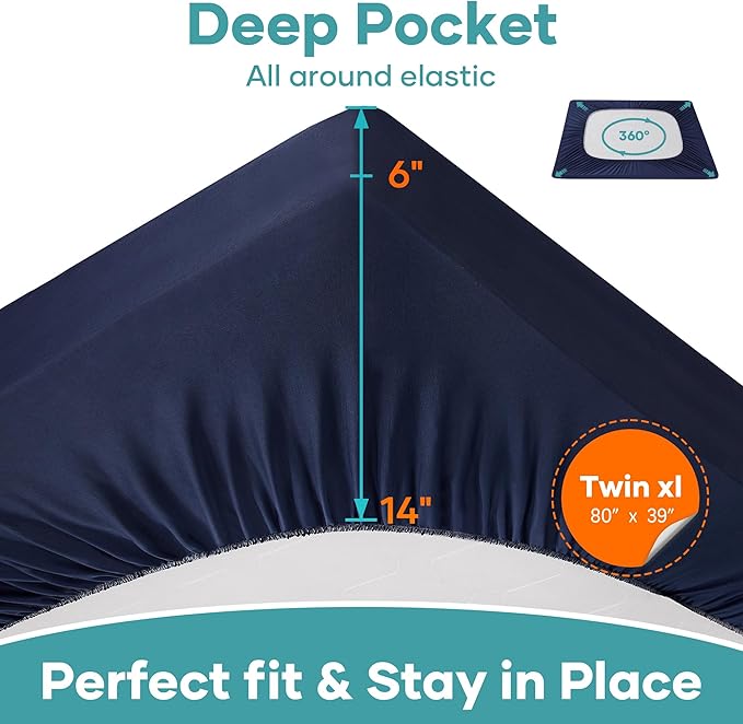 OhGeni 100% Waterproof Mattress Protector, Twin XL Navy Blue, Fitted Sheet with Deep Pockets, 6''-14'', Premium Noiseless Breathable Soft Material, Mattresses Cover for Bed