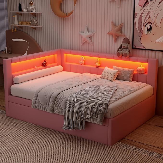 Merax Full Size Modern Upholstered Platform Bed with USB Ports & Trundle Bed, Floor Daybed with Wood Slat Support, Storage Bed Frame with Headboard/Full, Pink