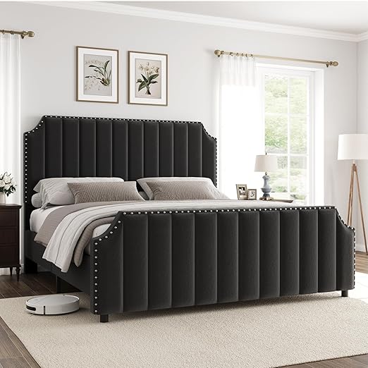 GarveeHome Queen Size Platform Bed Frame with 50.2 in Tall Headboard, Velvet Upholstered Bed Frame with Vertical Channel Tufted Headboard & Footboard, Nailhead Trim, No Box Spring Needed, Black