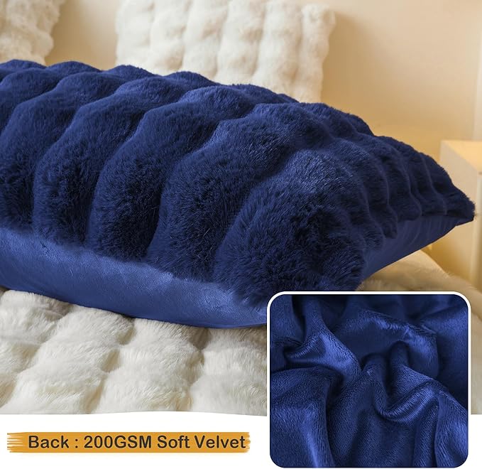 LIFEREVO Fluffy Faux Rabbit Fur Body Pillow Cover, Luxury Bubble Waffle Shaggy Plush Bed Pillowcase with Zipper Closure, Royal Long 20"x54" Fuzzy Furry Pillow Case for Adults Kids Girls, Navy Blue