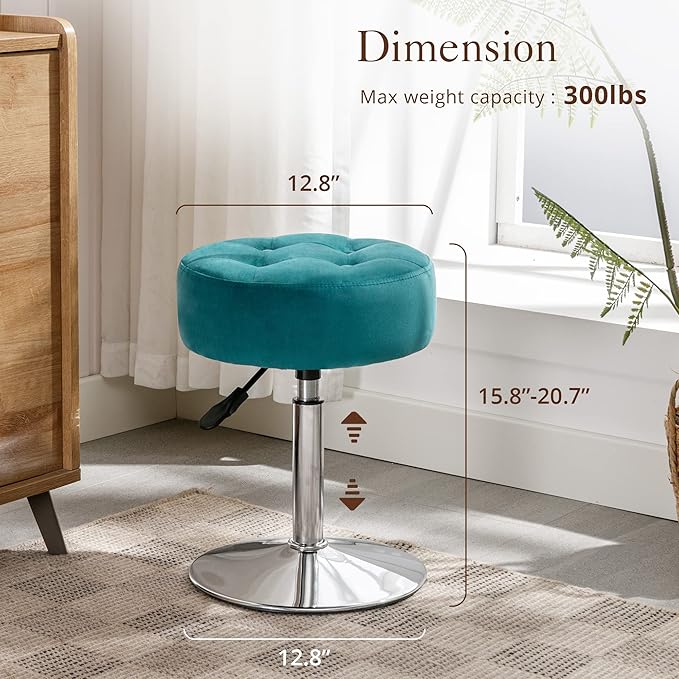 LUE BONA Adjustable Vanity Stool, 360 Swivel Chair for Makeup Room, Vanity Chairs, Teal Faux Leather Stool for Bathroom & Living Room