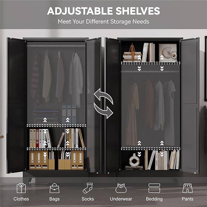 Baborokic Metal Armoire Wardrobe Closet with Hanging Rod,71H Metal Cabinet with Doors and Shelves,Freestanding Bedroom Armoire Closet,Storage Cabinets for Bedroom,Office,Laundry Room(Black)