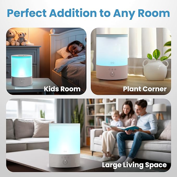 Everlasting Comfort 2.5L Top Fill Humidifier for Bedroom – Quiet, Easy to Fill & Clean, 24HR Runtime, Night Lights, Timer, Ultrasonic Cool Mist, Auto Shut-Off for Indoor Use - White