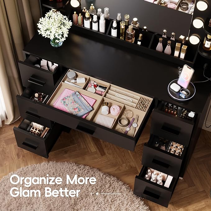 Furmax Vanity Desk with Hollywood Style Mirror with LED Lights, Makeup Table Vanity with 2 AC Outlets and1 USB＆1 Type-C Port, Adjustable Lighting, Modern Ample Storage Drawers Dressing Table (Black)
