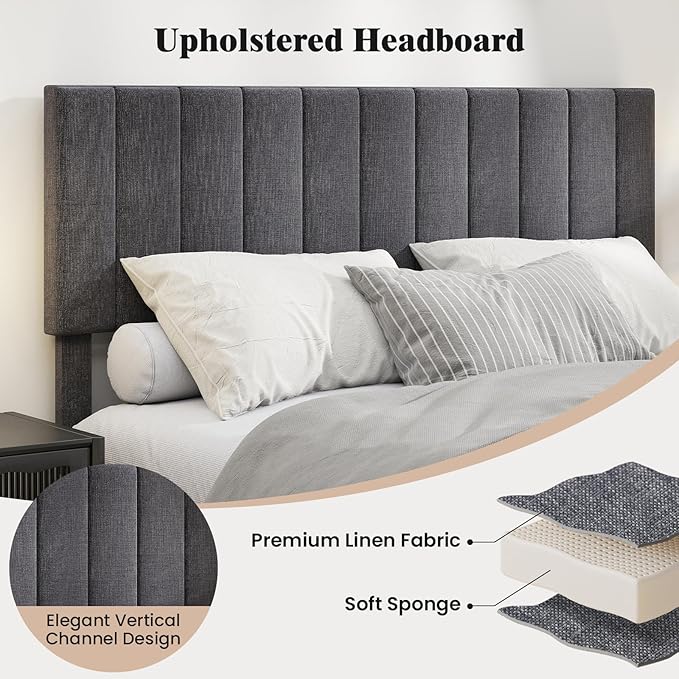 Giantex Queen Size Upholstered Bed Frame, Platform Bed with Height Adjustable Vertical Channel Headboard, Wooden Slats Support Mattress Foundation, No Box Spring Needed, Noise Free, Grey