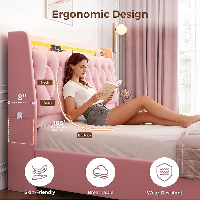 Queen LED Velvet Bed Frame with 2 Storage Drawers&Hidden Headboard, Upholstered Platform Bed with Charging Station&Button Tufted Design, Wooden Slats Support, Box Spring Optional, Easy Assembly, Pink