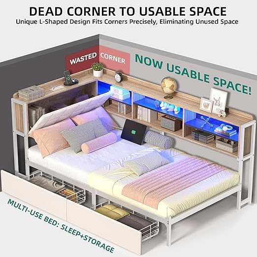Twin Corner Bed Frame with Storage Drawers and Bookcase & Flip-up Storage Headboard, Twin Size Platform Corner Bed Frame with Charging Station and LED Lights, Twin Daybed for Dorm or Guests, Beige