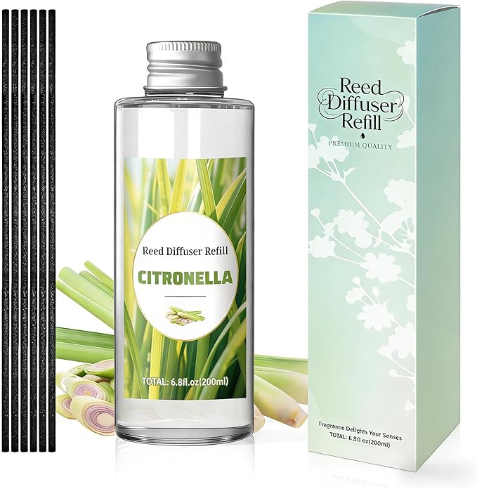 STRN Citronella Reed Diffuser Oil Refill, Citronella Scent 200ML(6.8fl.oz) with 6 Sticks, Air Freshener Long-Lasting Aromatherapy Reed Diffuser Set for Summer Home, Bedroom, Spa, Bathroom