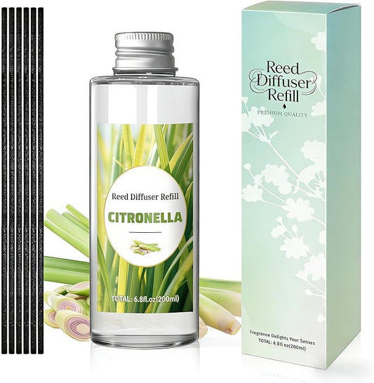STRN Citronella Reed Diffuser Oil Refill, Citronella Scent 200ML(6.8fl.oz) with 6 Sticks, Air Freshener Long-Lasting Aromatherapy Reed Diffuser Set for Summer Home, Bedroom, Spa, Bathroom