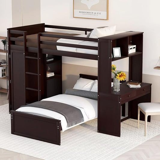 JULYFOX Twin Loft Bunk Bed with Wardrobe, Wood Bunk Bed Twin Over Twin with Tilt Ladder Study Desk Shelves 2 Bed Frames Space Saving No Box Spring Needed(Twin Over Twin,Espresso)