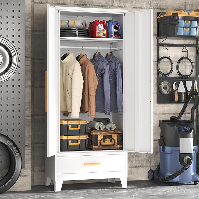 72" Tall Metal Wardrobe Closet - Large Clothing Storage Cabinet with 1 Hanging Rod, 1 Adjustable Shelve, 1 Drawer & Mirror Doors - Closet Organizer for Bedroom, Office, Laundry Room, Garage - White
