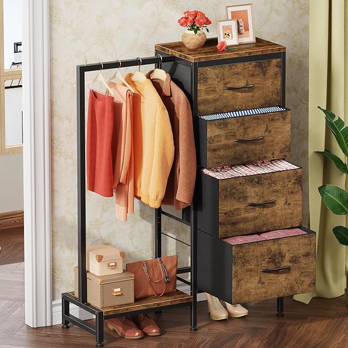 HIGDBFE Dresser with Hanging Rack, 4 Drawers Small Closet for Bedroom, Reversible Fabric Kids Chest of Drawers with Clothes Rack, Tall Storage Tower, Sturdy Frame, Rustic Brown, 44''H