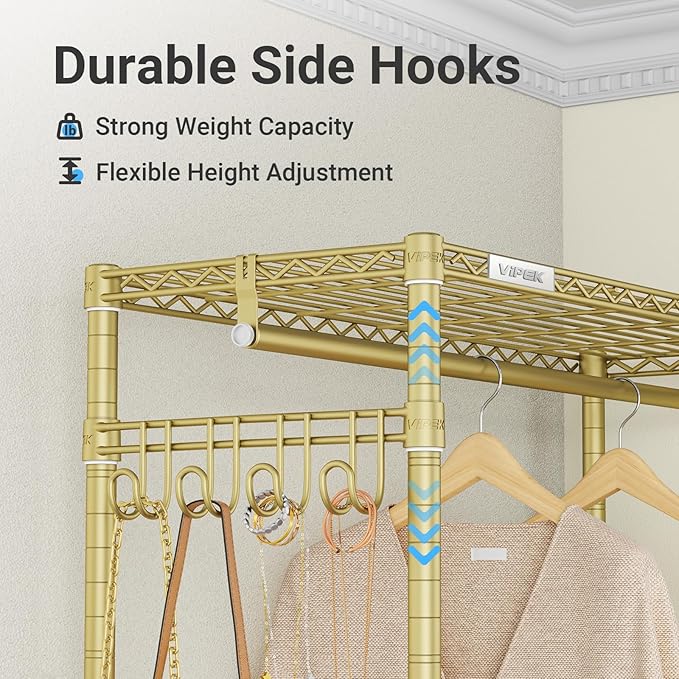 VIPEK R2 Plus Rolling Clothes Rack for Hanging Clothes Heavy Duty Garment Rack 3 Tiers Adjustable Wire Shelving Clothing Racks with Double Hanging Rods, Closet Organizers and Storage, Gold