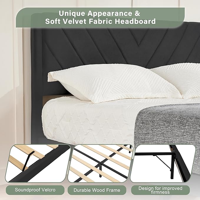 Full Bed Frame with Headboard, Bed Frame Full Size with Sturdy Wooden Slats Support, Platform Bed Frame with Velvet Upholstered Headboard, Mattress Foundation, Easy Assembly, No Box Spring Needed