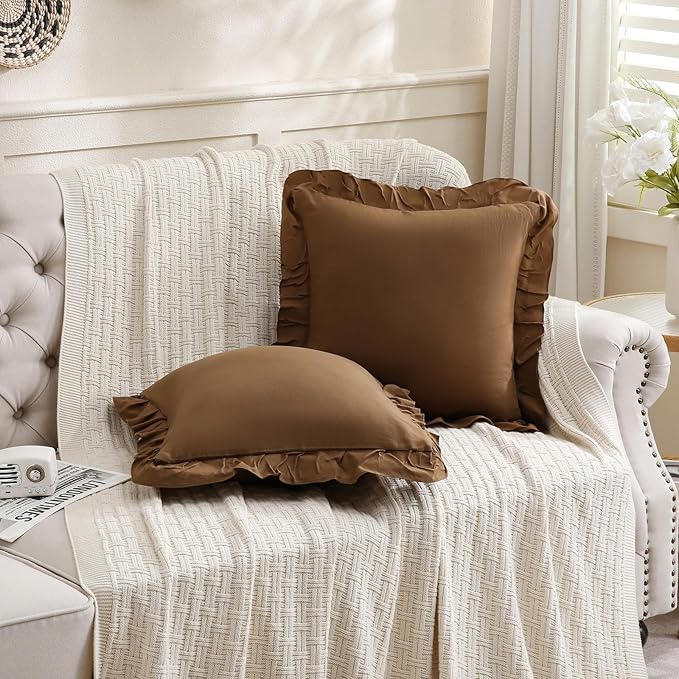 Merryword Brown Pillowcases 18x18 Cute Throw Pillow Covers Pack of 2 Ruffle Pillowcase Cushion for Couch Sofa Bedroom