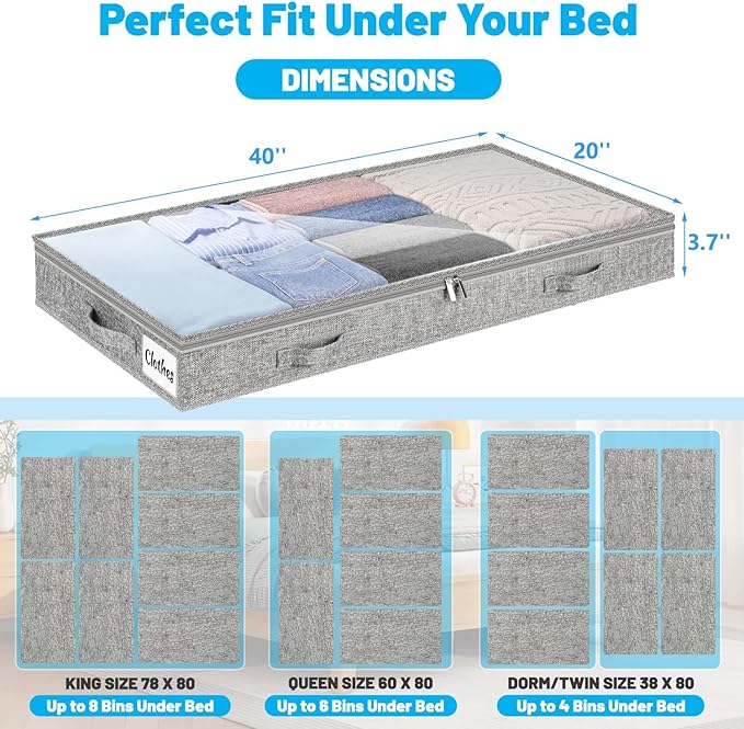 4 Inch Low Profile Under Bed Storage Drawer 4 Pack, Lightweight Underbed Clothes Storage Container Bins With NO STURCTURE, Shallow Storage Bag for Dorm & Home, With Clear Lids & Water-Resistant Fabric