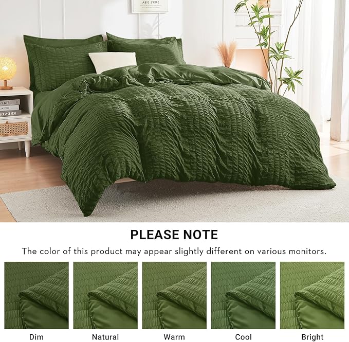 HYMOKEGE Olive Green King Size Comforter Set Seersucker 7 Pieces, All Season Luxury Bed in a Bag for Bedroom, Bedding Set with Comforter, Sheets, Pillowcases & Shams