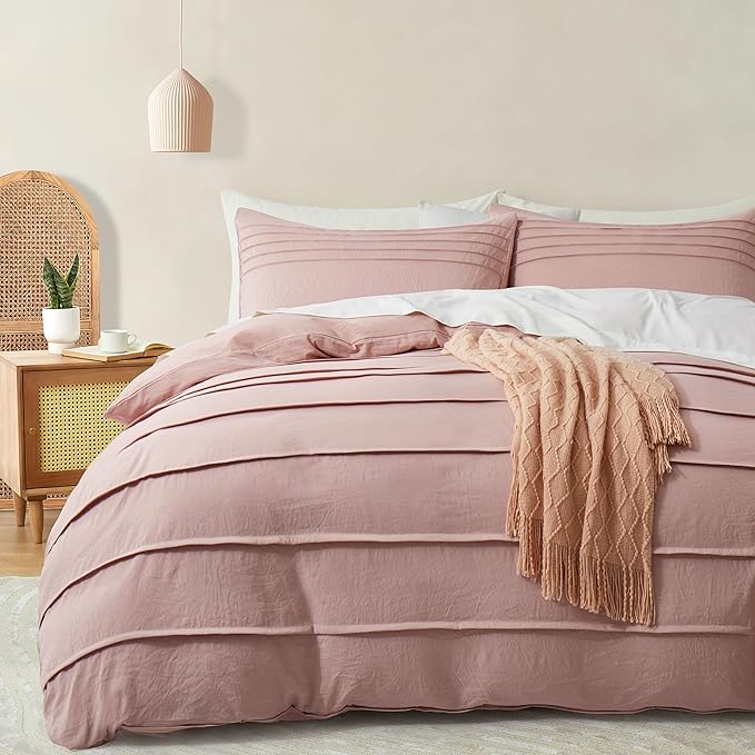 Oli Anderson Misty Rose Duvet Cover King Size - Pleated King Duvet Cover, 3PCS Soft and Breathable Textured Bedding Set with Zipper Closure(Misty Rose,104"x90")