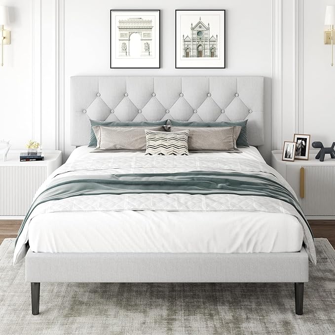 CXVX Full Size Platform Bed Frame with Upholstered Headboard, Button Tufted Design, Strong Wooden Slats, No Box Spring Needed, Easy Assembly, Noise Free