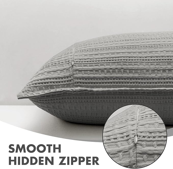 Set of 2 Decorative 100% Cotton Waffle Euro Sham Pillow Covers 24x24, Neutral Throw Pillows Weave European Cushion Cases for Couch Sofa Bed Modern Farmhouse Home Decor, Dark Grey