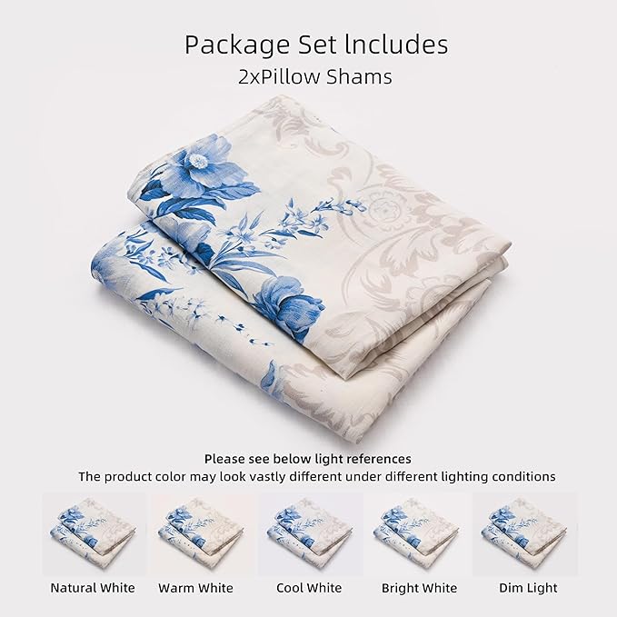 CHUFFED 100% French Linen Pillow Cases Porcelain Bloom Print, Farmhouse Floral Stone Washed Pillow Shams with Envelope Closure Soft Breathable Vintage Pillow Covers for Decor,20x30 inches