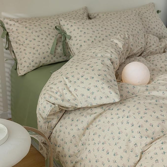 mixinni Country Style Duvet Cover Queen Size - Cottagecore Green Floral Vintage Bedding 3PC with Bow Ties Pillowcases, 100% Cotton Soft Aesthetic Boho Comforter Cover for Girls-Queen Size