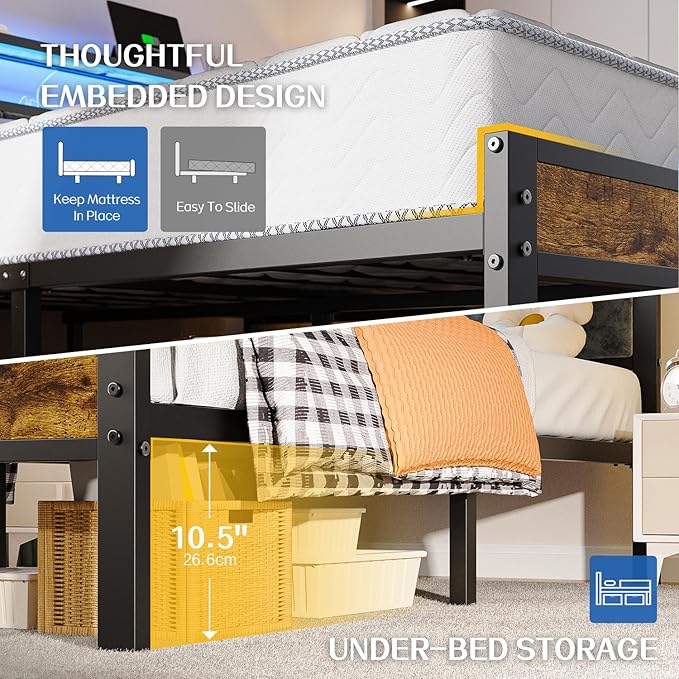 Liians Twin Size Platform Bed Frame with LED Lights, Grey Upholstered Headboard with 2-Tier Storage Shelves, Charging Station, Noise Free, No Box Spring Needed, Easy Assemably