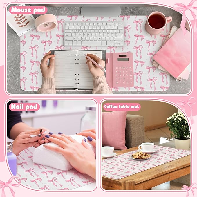 Teenyyou Coquette Bow Makeup Mat for Vanity Top Protector Graduation Gift Dual Side Leather Desk Mouse Pad Girly Waterproof Nonstick Dressing Accessories for Women Home Office(Pink,15.7"x31.5")