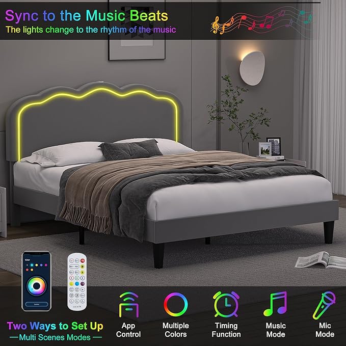 VECELO Upholstered Queen Size Bed Frame with Headboard Adjustable, LED Lights, USB-A & Type-C, Velvet Platform Bed Noise Free, Mattress Foundation with Wooden Slats, No Box Spring Needed, Grey